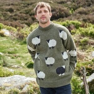 The Irish Store Men's Premium 100% Wool Green Sheep Sweater Sz L